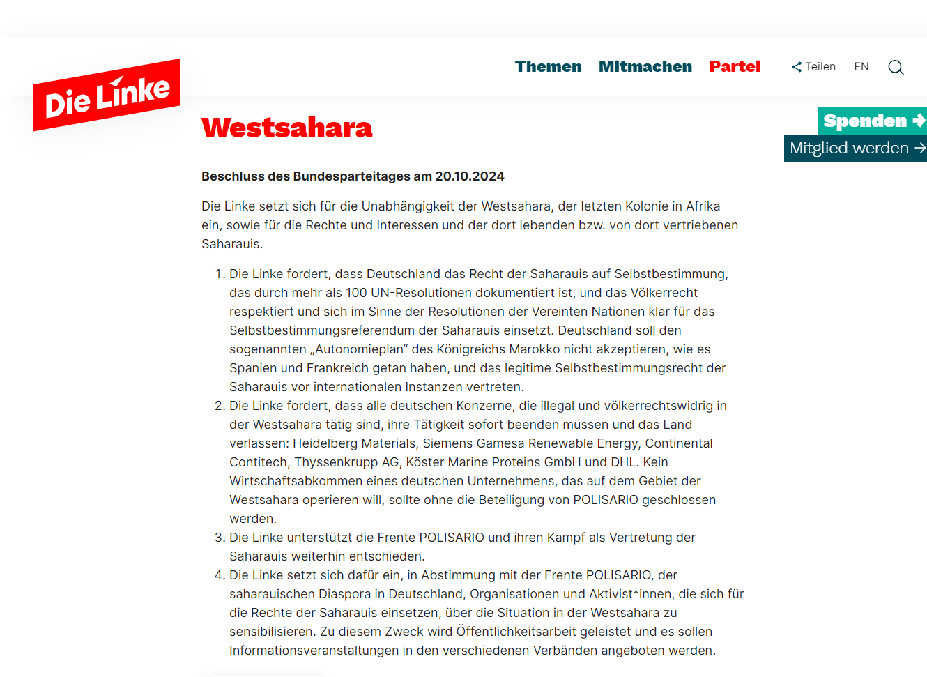 Resolución del la Izquierda alemana a favor del Frente POLISARIO El Partido de la Izquierda DIE LINKE,