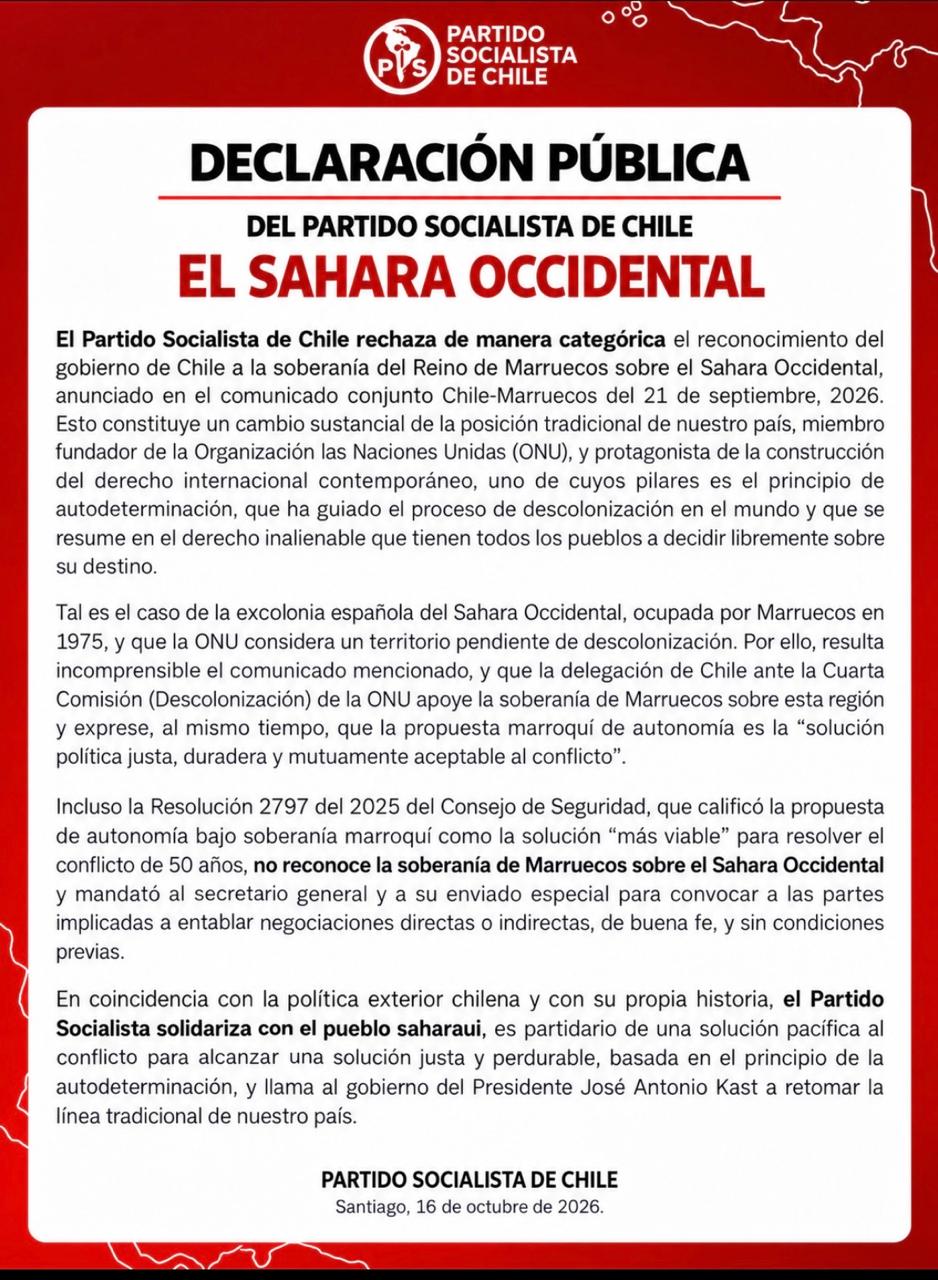 PS de Chile: Reconocer soberanía de Marruecos sobre el Sáhara Occidental quiebra la posición histórica de Chile