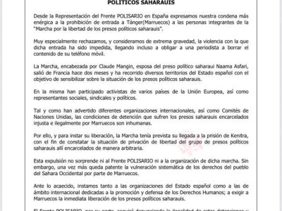 Comunicado tras la expulsión de Marruecos de las personas integrantes de la marcha por la libertad de los presos políticos saharauis