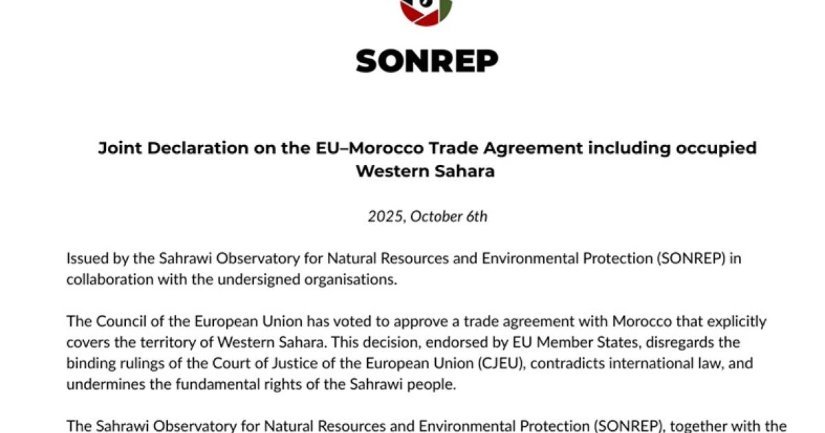 Sahrawi and international civil society groups condemn EU–Morocco Trade deal illegally covering Western Sahara